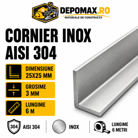 Cornier inox AISI 304, 25 x 25 x 3 mm, 6 metri